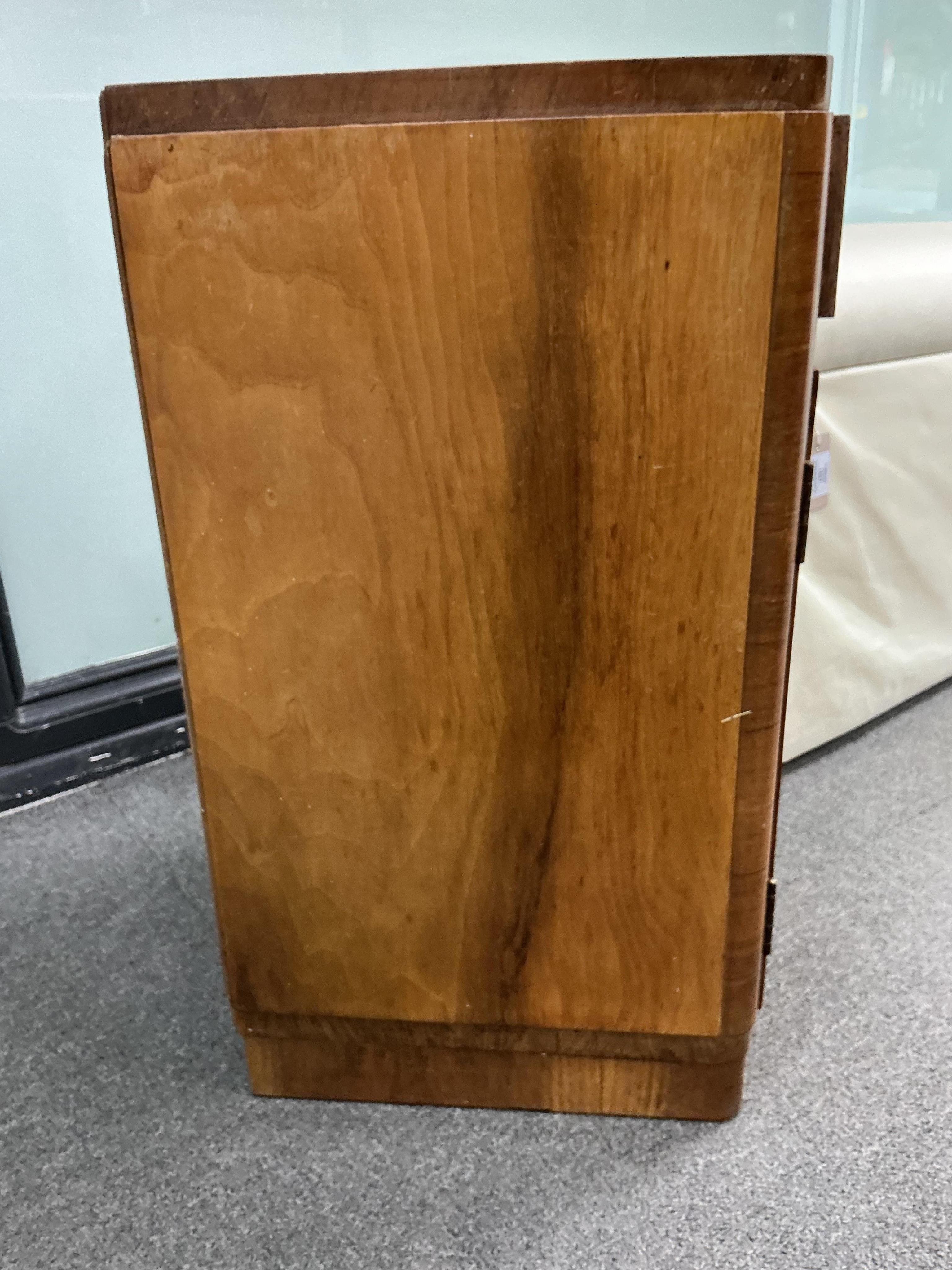 A pair of Art Deco walnut bedside cabinets width 33cm, depth 33cm, height 60cm